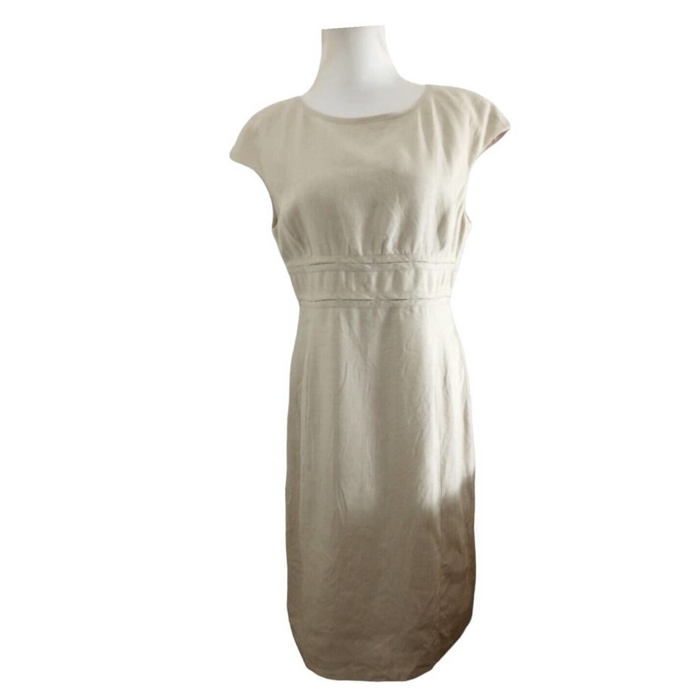 Anne Klein 100% Linen Sleeveless Dress Fully Lined Sz 8 Petite Beige Cap Sleeve